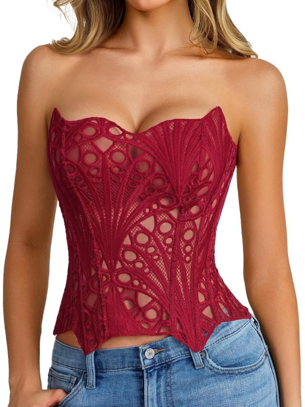 Women's Red Lace-Up Bustier Boned Lace Strapless Classic Halloween Corset Top